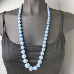 Vintage Necklace Light Milky Blue Glass Beads w/ Silver Accents Long 29" Length